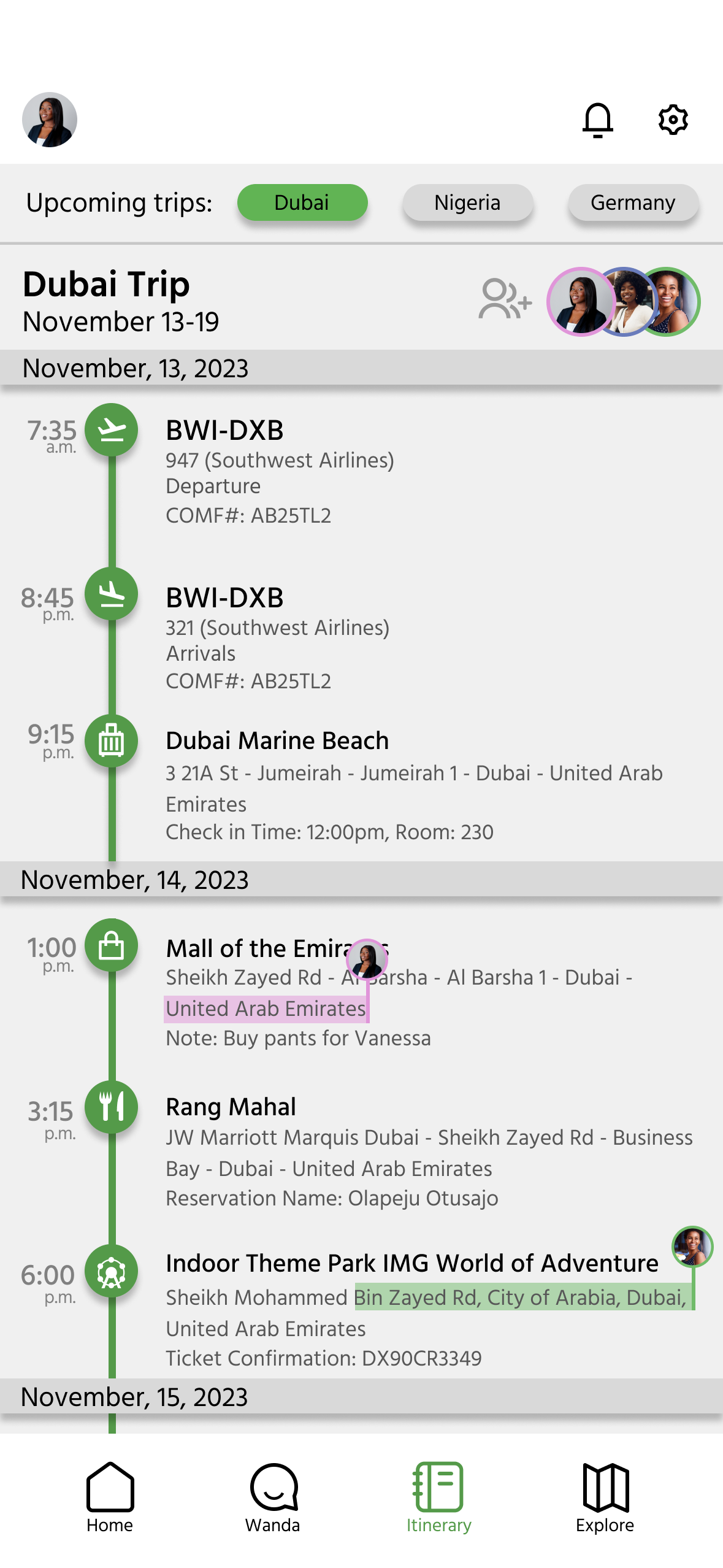 High fidelity prototype of trip itinerary page